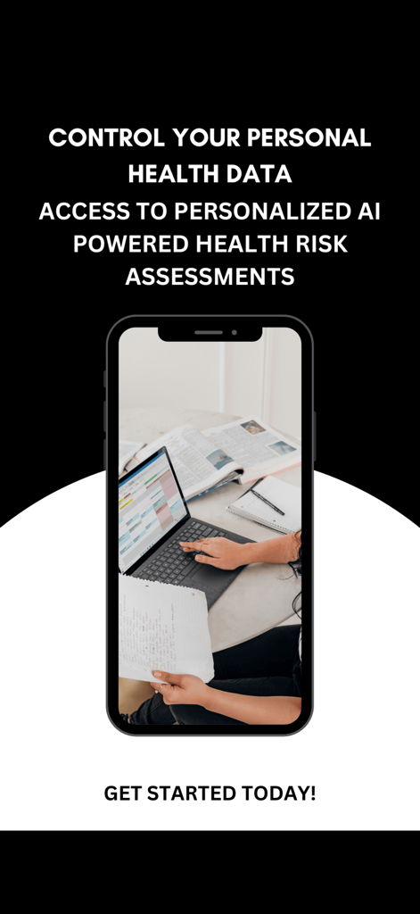 Z-Score™ - Bildschirm einer mobilen App, der KI-gestützte Gesundheitsrisikobewertungen und Funktionen zur Kontrolle persönlicher Gesundheitsdaten anzeigt.