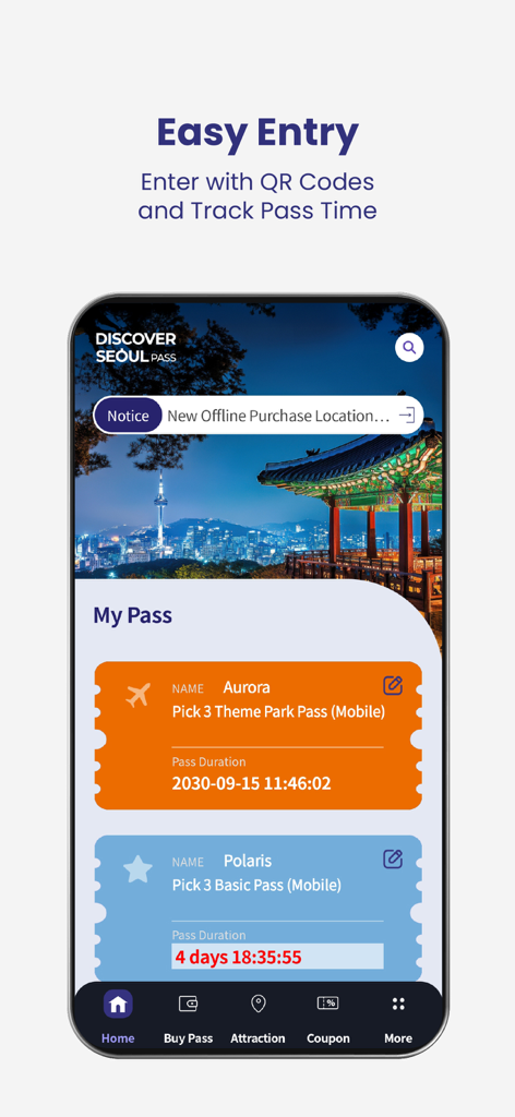 Discover Seoul Pass - Discover Seoul Pass app screen showing My Pass section with QR code entry and tracking for tourist attractions