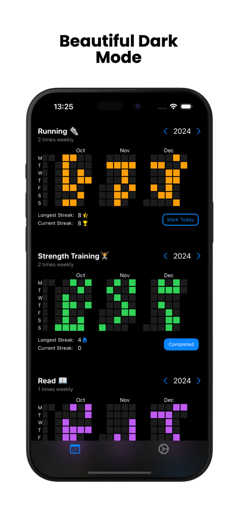 Habit Heatmap - Habit Heatmap app interface showing monthly activity grids in dark mode.