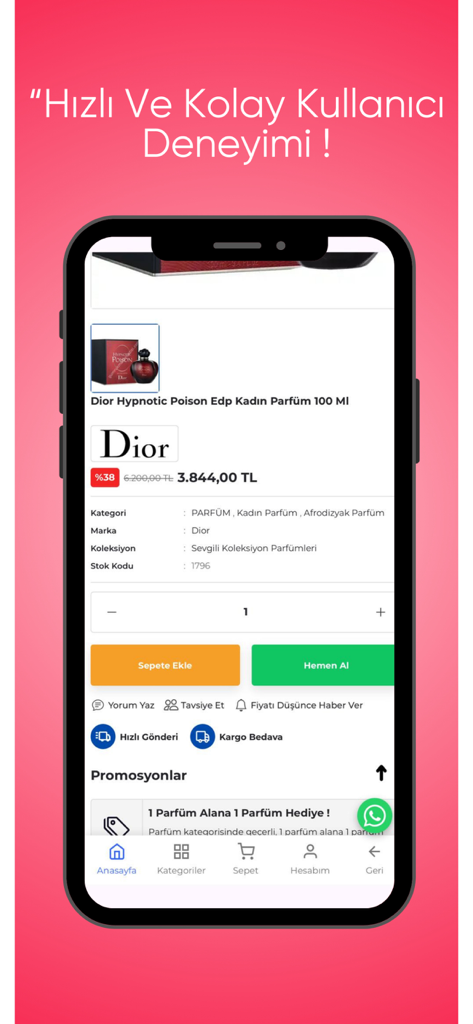 Gümrük Malları Satışı - Product page for Dior perfume in the Gumruk Mallari Satisi shopping app showing price and purchase buttons.