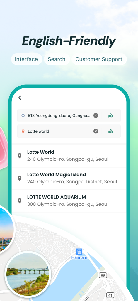 TABA - Get a taxi in Korea - 韓国の旅行者向けに、英語での検索とサポートを強調するTABAタクシーアプリのインターフェース