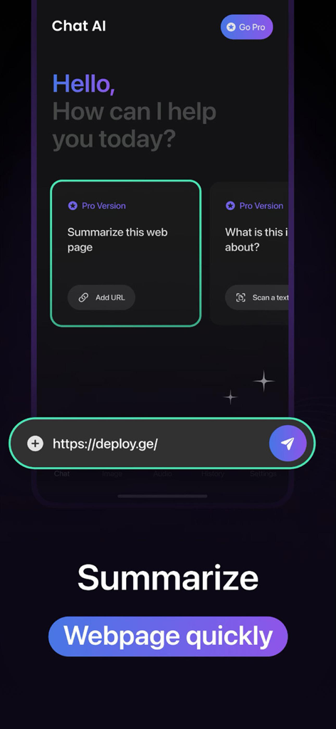 ChatAI app interface showing the webpage summarizer feature