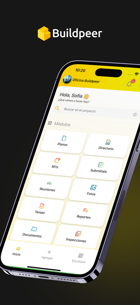 Buildpeer - Interfaz de la aplicación de gestión de construcción Buildpeer que muestra módulos de gestión de proyectos de construcción que incluyen planos, tareas e informes.