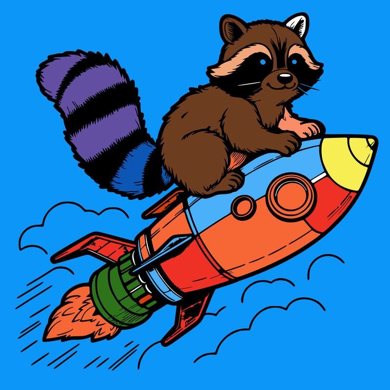 realistic raccoon flying on top rocket ship