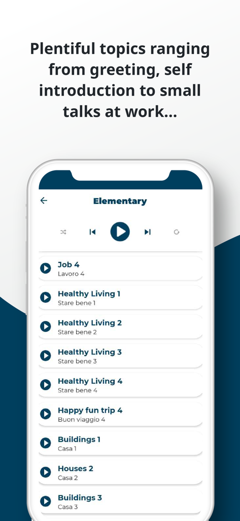 Screenshot of the Italian learning app showing a variety of elementary topics like job and healthy living