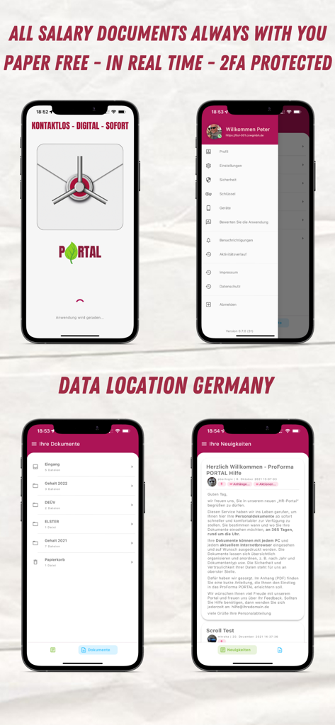 ProForma PORTAL 2 - Vier Handy-Bildschirme von ProForma PORTAL 2, die die Speicherung von Gehaltsdokumenten, Sicherheitseinstellungen und Nachrichten-Updates zeigen.