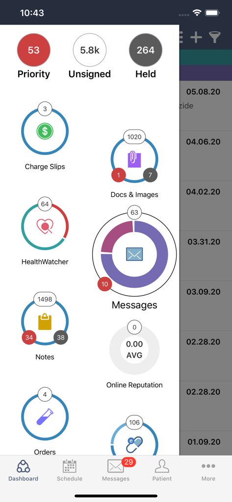 Panel de la aplicación AdvancedMD Mobile mostrando contadores de tareas clínicas y opciones de gestión de pacientes