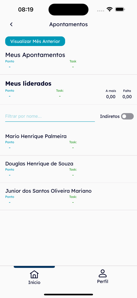 MySpace - Interface of the MySpace employee app showing the appointments and team management screen with time tracking data