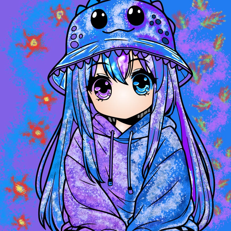 girl with anime shaped eyes with a dinosaur bucket hat oversized sweatshirt long straight hair