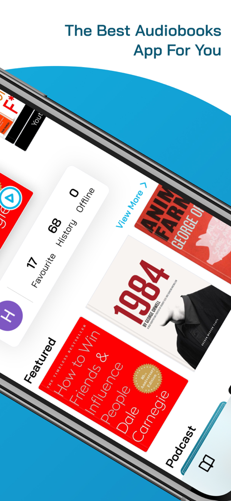 AudioAZ app interface showing a list of featured classic audiobooks like 1984 and Animal Farm.