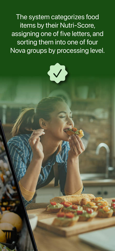 Ultra Processed Food Scanner - A woman eating healthy food with text explaining Nutri-Score and Nova processing levels