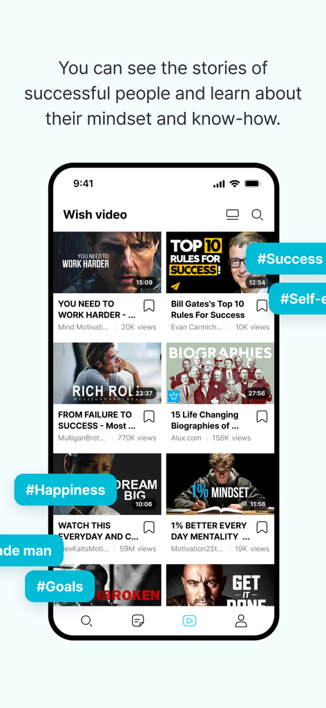 Wishmon - Captura de tela do aplicativo Wishmon mostrando um feed de vídeo com histórias de sucesso e conteúdo de mentalidade motivacional.