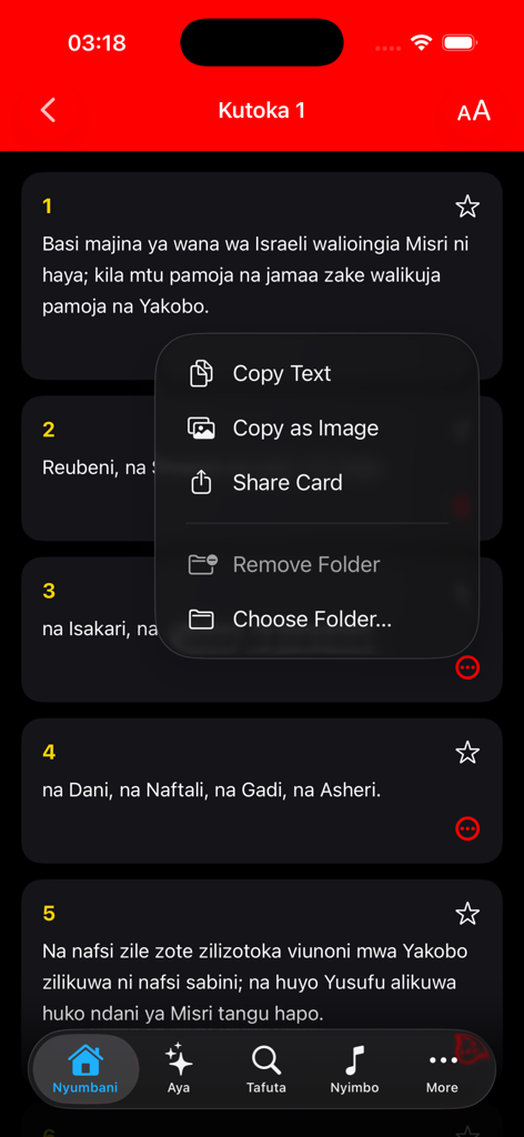 Biblia Takatifu- Swahili Bible - Interface of the Swahili Bible app showing Exodus chapter 1 with a pop-up menu for sharing or copying verses