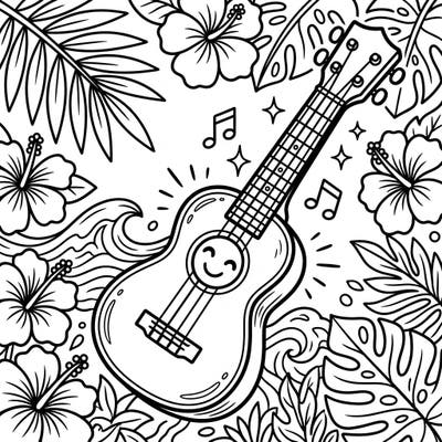 Immerse yourself in a serene tropical scene with this ukulele coloring page, specifically designed for seniors. Enjoy the bold lines and delightful details of an island escape.