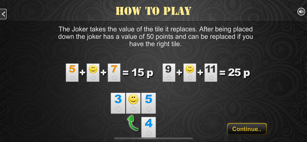 Rummy 45 - Remi Etalat - Instruction screen for Rummy 45 showing how to use and replace the Joker tile in Remi Etalat