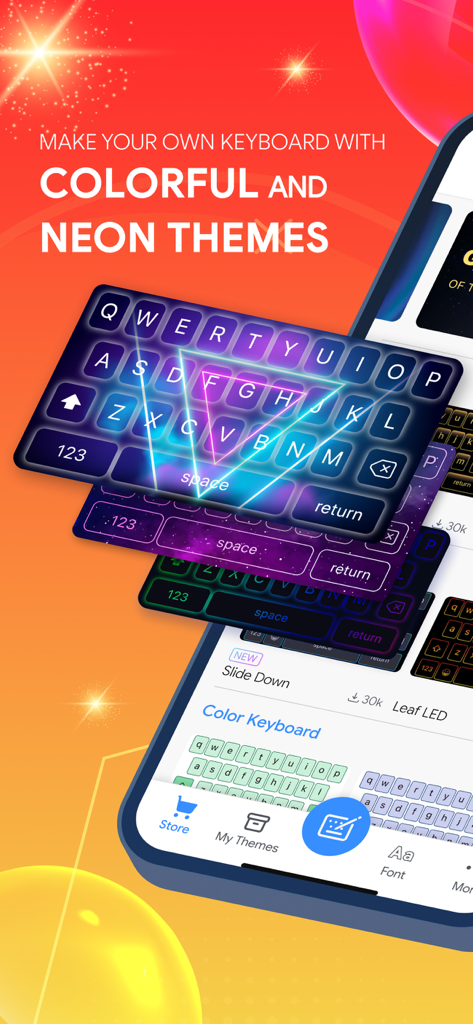 A variety of colorful neon LED keyboard themes for iPhone customization.
