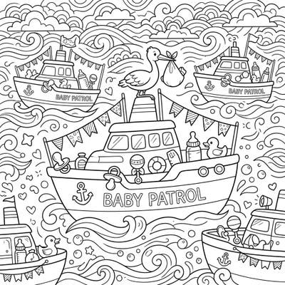 Set sail for a joyous celebration with this charming baby shower-themed coloring page! Discover cute patrol boats adorned with all the essentials for welcoming a new little one.