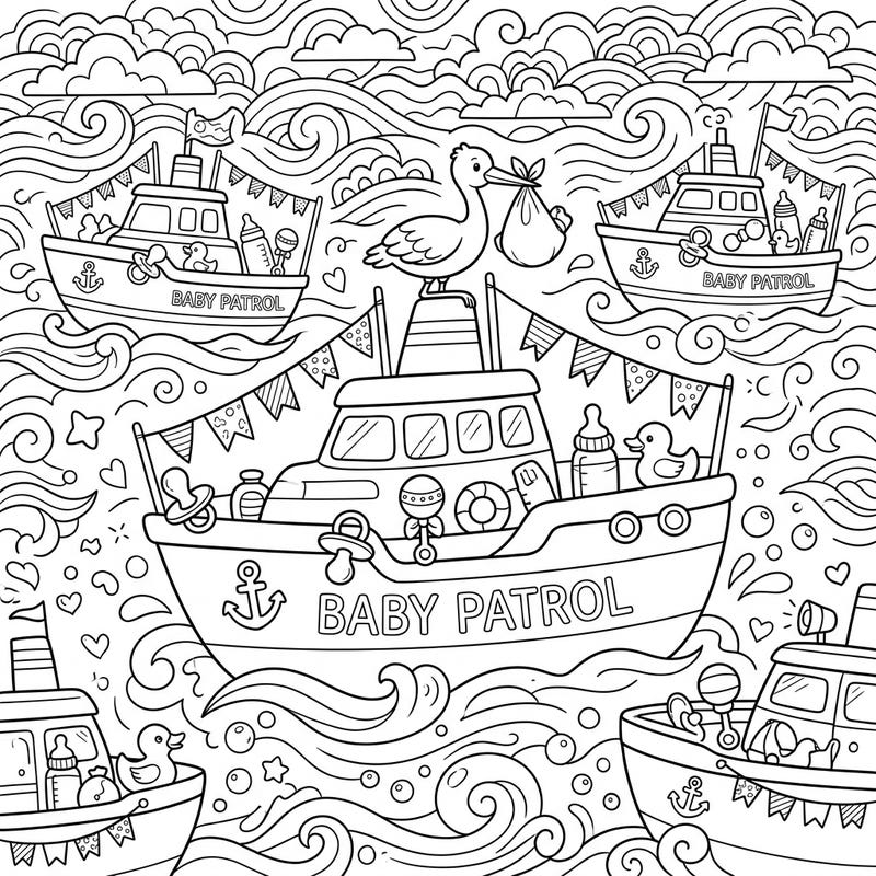 Set sail for a joyous celebration with this charming baby shower-themed coloring page! Discover cute patrol boats adorned with all the essentials for welcoming a new little one.