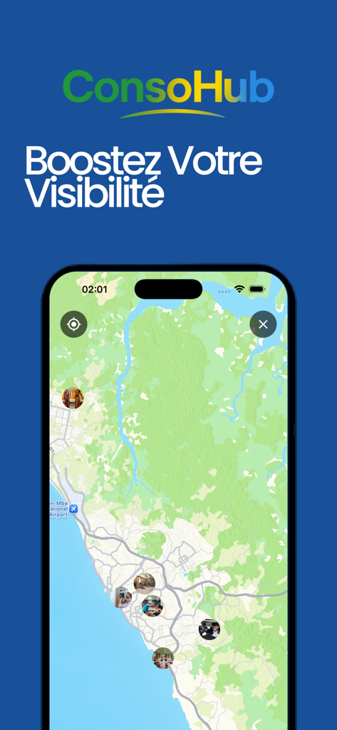 ConsoHub - ConsoHub app interface showing a map with local service providers and a boost your visibility headline