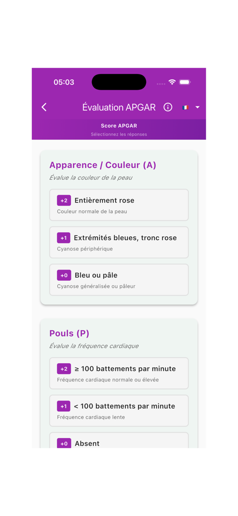 MedScales Pro - Una captura de pantalla de la aplicación MedScales Pro que muestra la herramienta de evaluación de la puntuación APGAR para la evaluación de la salud del recién nacido.