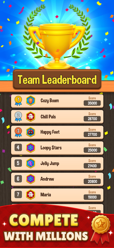 Pantalla de la tabla de clasificación de equipos de Match Triple 3D mostrando las clasificaciones de los mejores jugadores y un trofeo dorado.