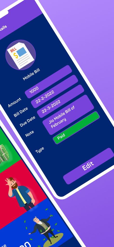 Expense Tracker:Budget Planner - A detailed mobile bill entry in the Expense Tracker app showing amount, due date, and payment status.