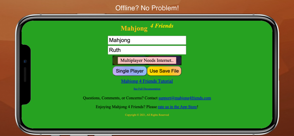 Mahjong 4 Friends mobile app interface showing single player and offline mode options on a smartphone screen