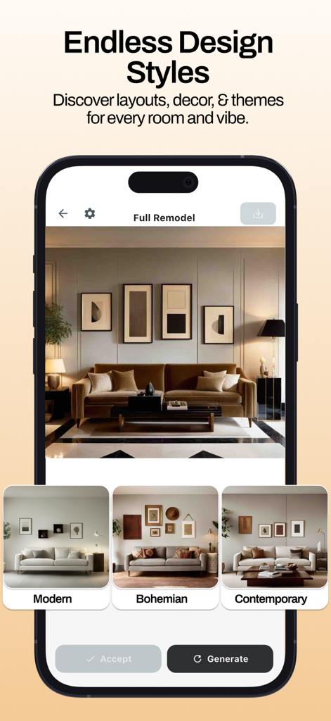 Remodel AI - Home Design - Écran de smartphone montrant des options de rénovation de salon dans des styles moderne, bohème et contemporain.