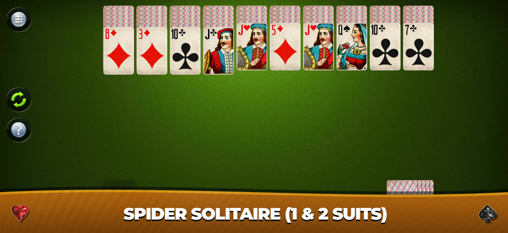 Grand Solitaire Collection - Juego de Spider Solitaire con diseños de cartas clásicos sobre una mesa verde.