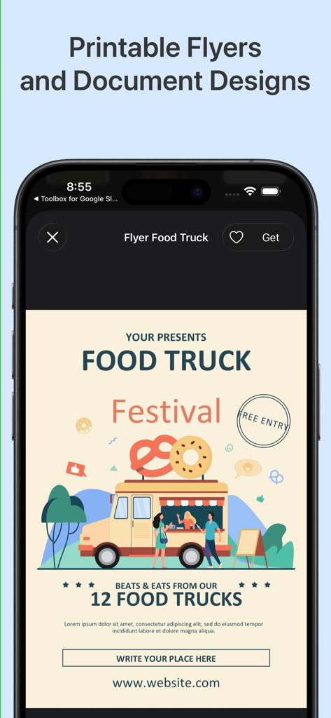 Una plantilla de folleto de festival de food trucks mostrada dentro de la aplicación móvil Toolbox para Google Docs