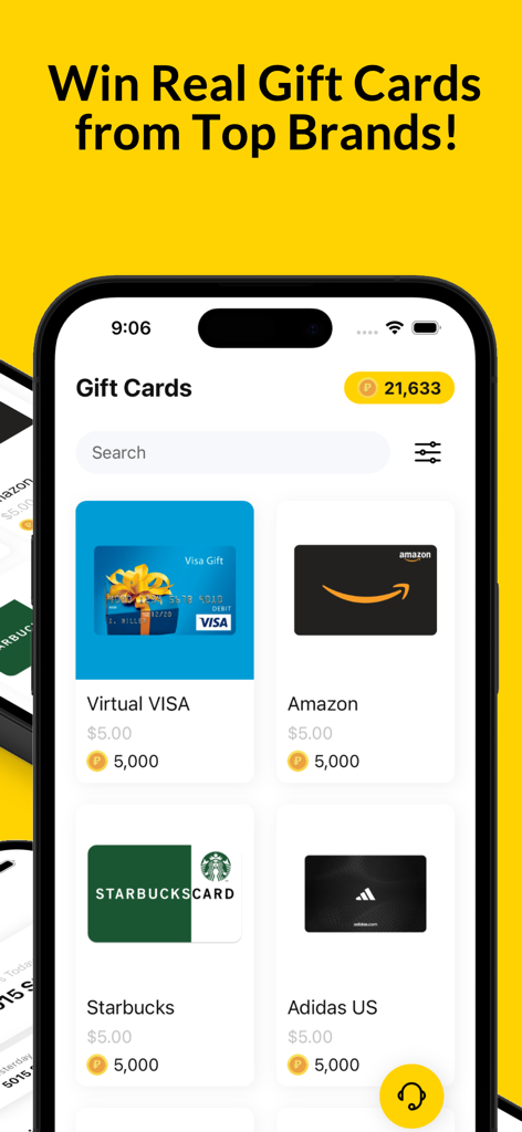 Money Bunny: Step Counter&Earn - Pantalla de la aplicación Money Bunny que muestra opciones de recompensa de tarjetas de regalo para Amazon, Starbucks y Adidas