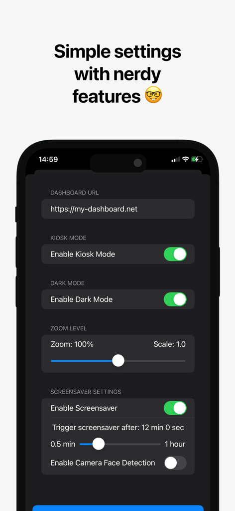 Settings interface of the HA Kiosk app displaying kiosk mode and camera face detection options