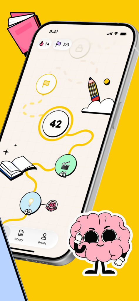 Interface of the GenK app showing a gamified learning path with levels and a cartoon brain mascot