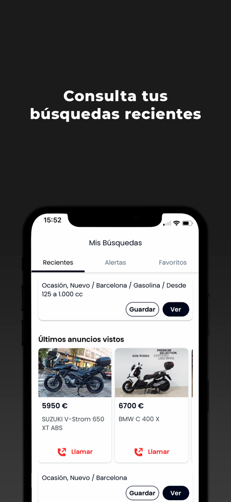Motos.net - Motos de ocasión - Interfaz que muestra búsquedas recientes y anuncios de motos vistos en la aplicación Motos.net