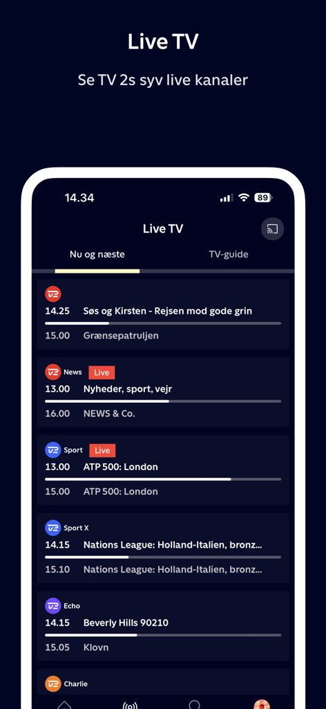 TV 2 PLAY Denmark mobile app interface showing live TV channel schedules