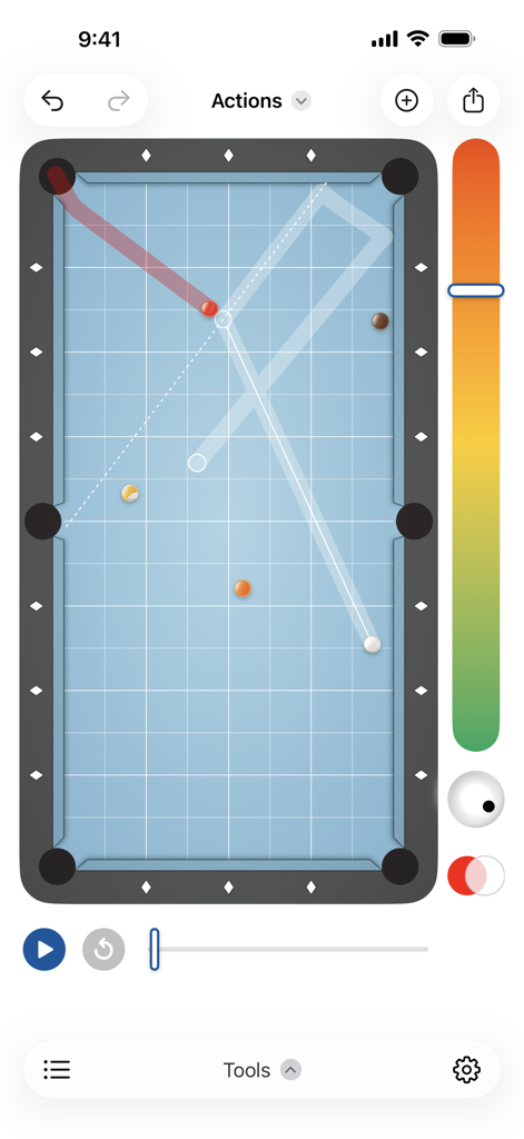 Billiard Shot Studio - Interface do aplicativo Billiard Shot Studio mostrando uma mesa de sinuca digital com trajetórias de bola e visualização do caminho da tacada