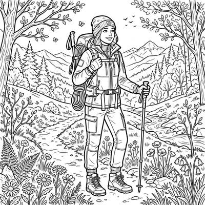 Step into the beauty of spring with this engaging coloring page featuring a hiker in full activewear. This template perfectly captures the joy of outdoor exploration amidst blooming nature.