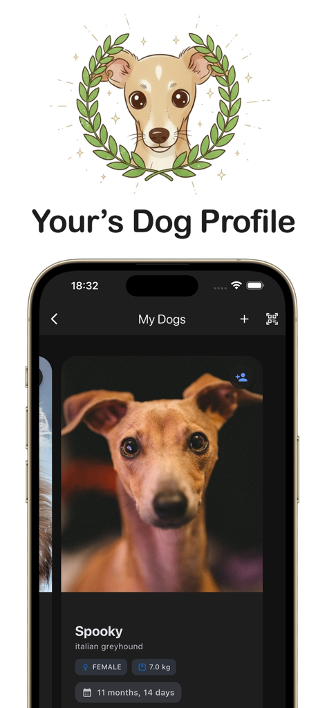 Dog profile page in the Dog Daily app showing details for an Italian Greyhound including age weight and breed