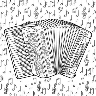 Dive into the rhythmic world of music with this delightful accordion coloring page. Featuring a beautifully detailed accordion set against a backdrop of playful musical notes, it's perfect for budding musicians and art enthusiasts alike.