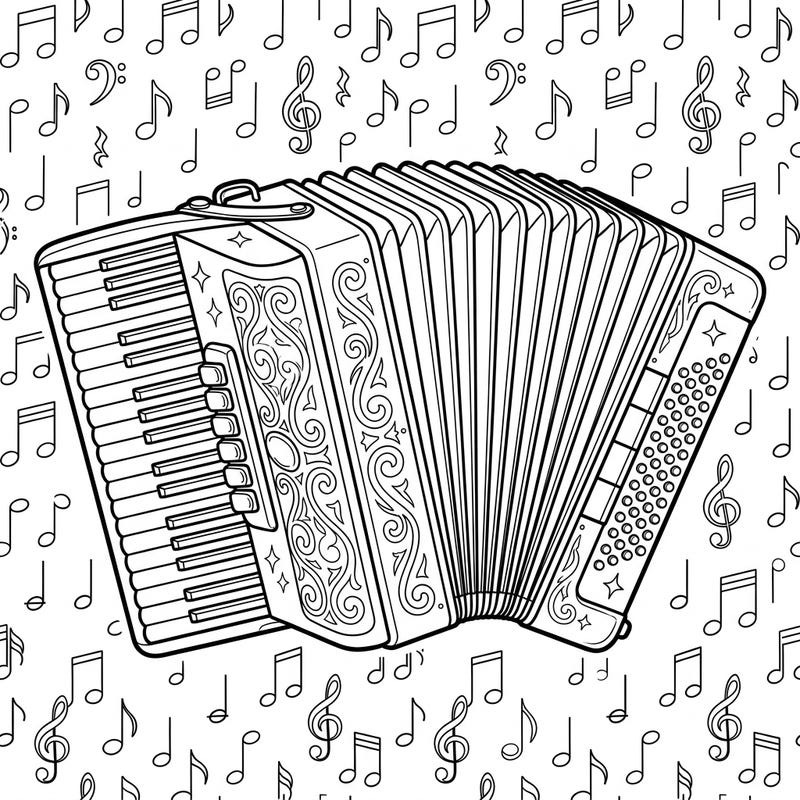 Dive into the rhythmic world of music with this delightful accordion coloring page. Featuring a beautifully detailed accordion set against a backdrop of playful musical notes, it's perfect for budding musicians and art enthusiasts alike.