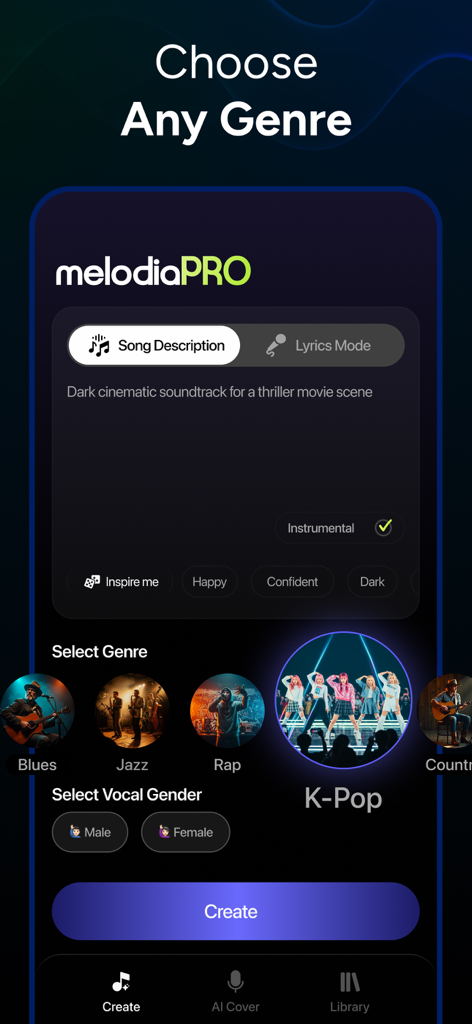 Interface of the Melodia AI app showing song description input and music genre selection including K-Pop and Rap.