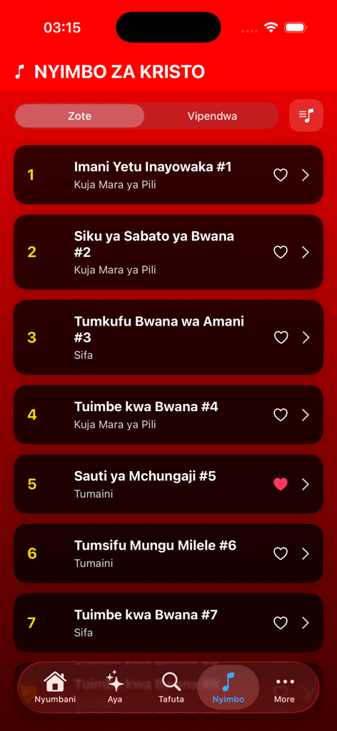 Biblia Takatifu- Swahili Bible - A list of Swahili hymns in the Nyimbo za Kristo section of the Biblia Takatifu app