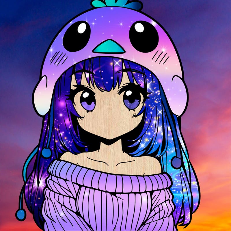 anime girl with chick shaped hat with sweater with bare shoulders with bangs covering them one eye with low tail