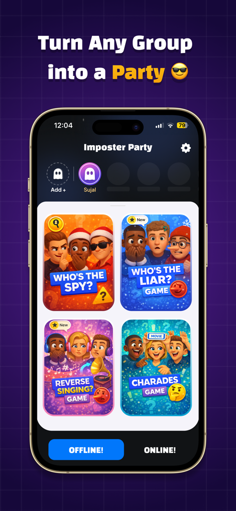 Pantalla del teléfono inteligente que muestra el menú de la aplicación Imposter Party con modos de juego como Quién es el Espía, Mímica y Voz Inversa.