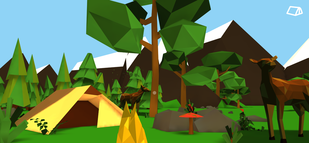 Corpus VR - Low poly virtual reality forest environment for physical therapy training featuring a tent and stylized deer.