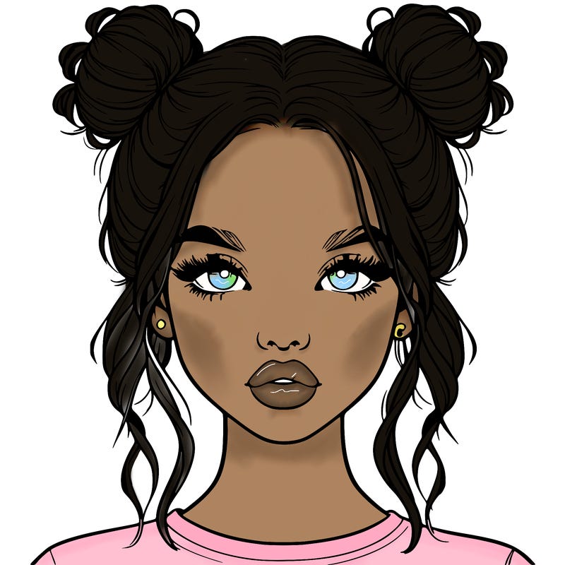 realistic girl with two buns in hair and lips