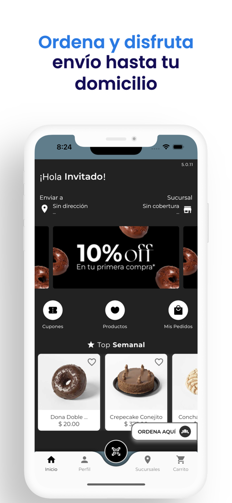 Pantalla de inicio de la aplicación móvil Pastelerías Esperanza mostrando productos de panadería y un descuento promocional