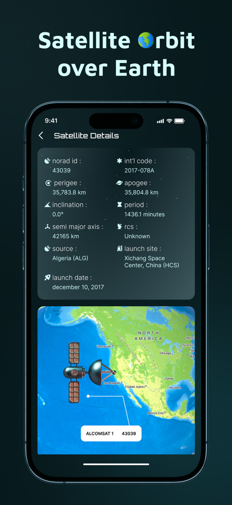 Pantalla de detalles del satélite que muestra datos técnicos de la órbita y un mapa de ubicación en tiempo real sobre América del Norte.