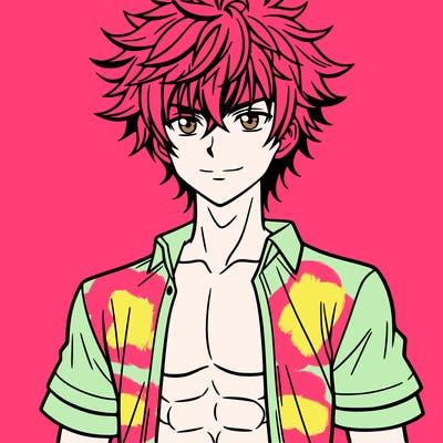 anime boy with abs, messy hair