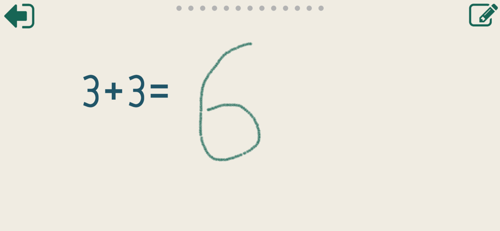 Вычитание и сложение до 10 - A handwritten number six as the answer to the math problem three plus three in a learning app